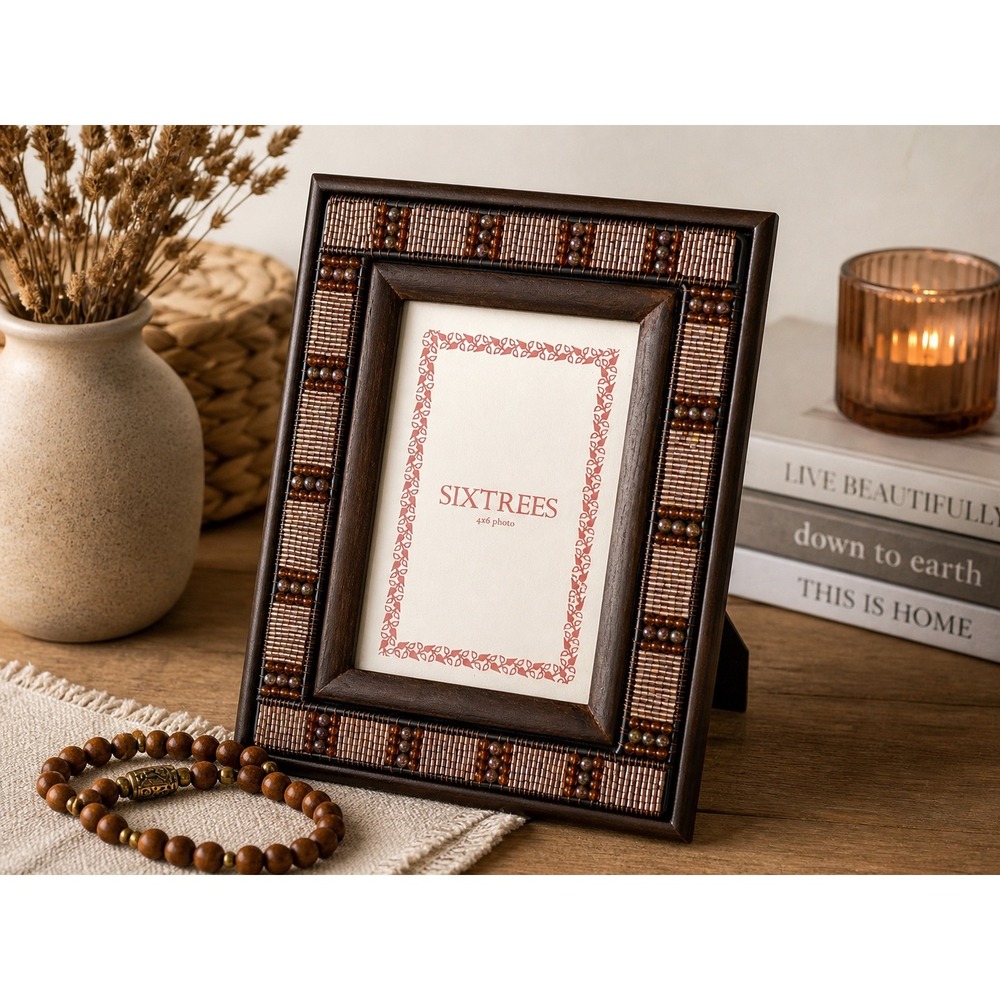 Boho Earth Tone Beaded Wood 4x6 Photo Frame Rustic Home Decor Sixtrees